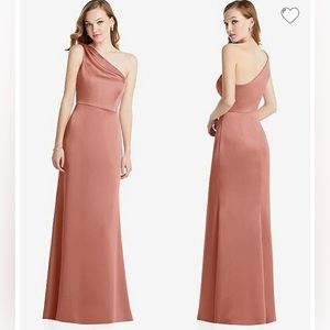 Lovely Maddie Shirred One-Shoulder Satin Trumpet Dress in Desert Rose, S…